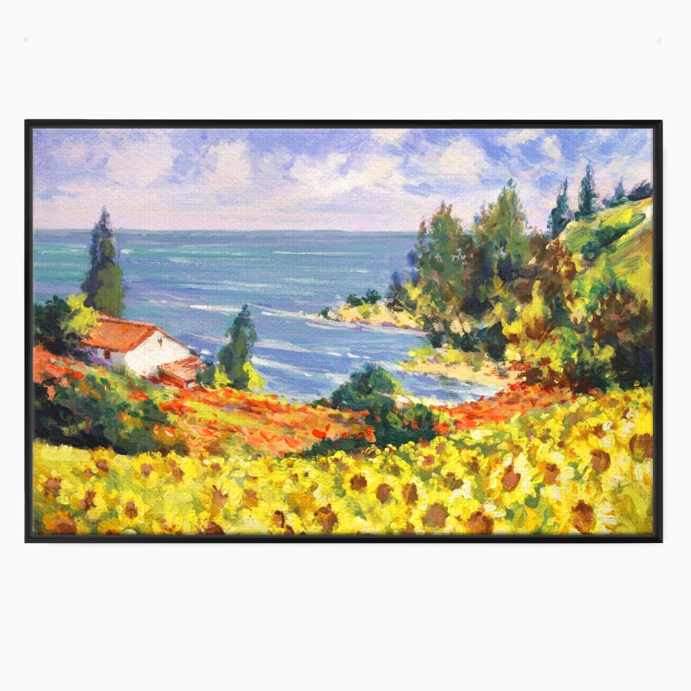 Tablou canvas cu pictura camp cu floarea soarelui si mare, in rama de aluminiu negru